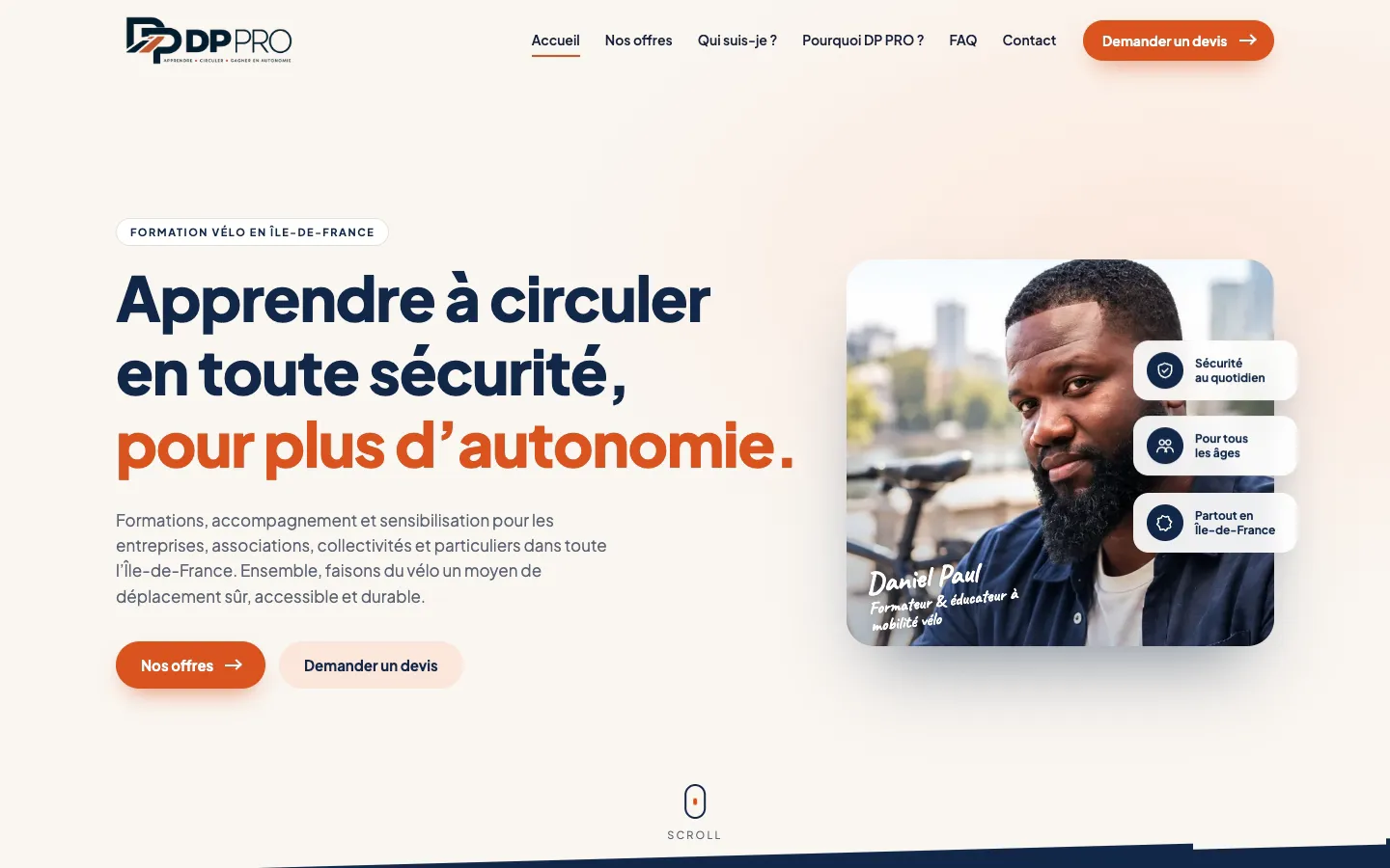 Page d’accueil du site DP PRO : formation vélo en Île-de-France