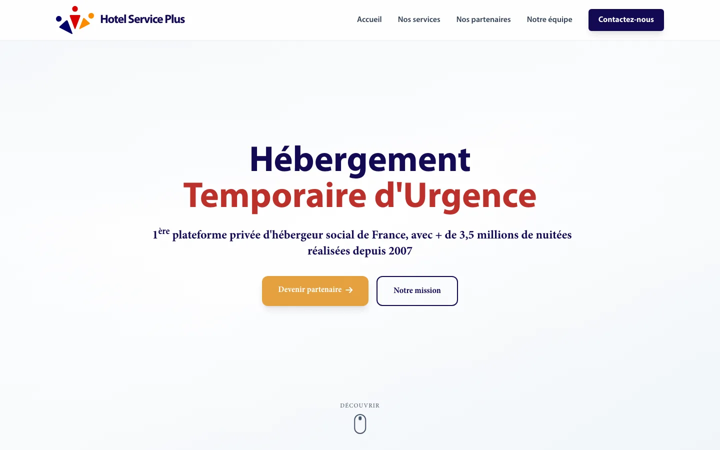 Page d’accueil du site Hotel Service Plus : hébergement temporaire d’urgence