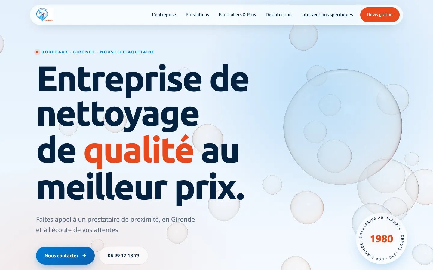 Page d’accueil du site NCP Gironde : entreprise de nettoyage à Bordeaux
