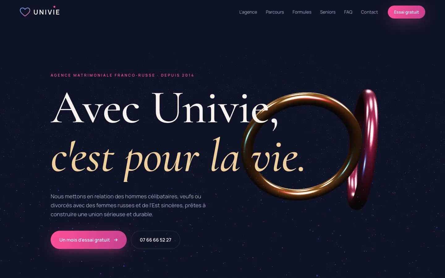 Page d’accueil du site Univie, agence matrimoniale franco-russe